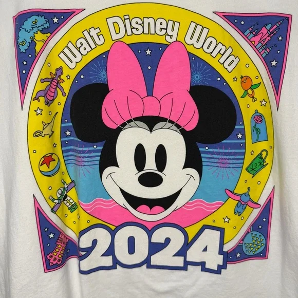 Walt Disney World Minnie Mouse 2024 Graphic Tee Shirt White Size L Neon Pink - Picture 1 of 5